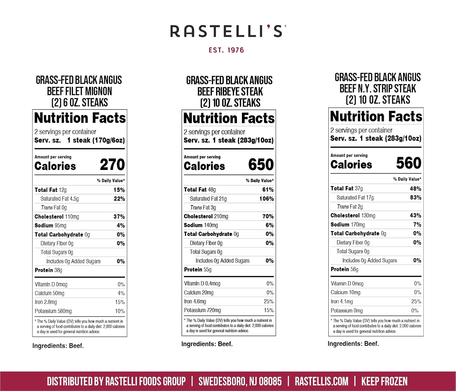 Rastelli's 100% Grass Fed Beef, Meat, & Steak Pack: Filet Mignon, Ribeye Steak, NY Strip Steak, Sirloin Steak, Ground Beef, Burgers, 9.75 lbs