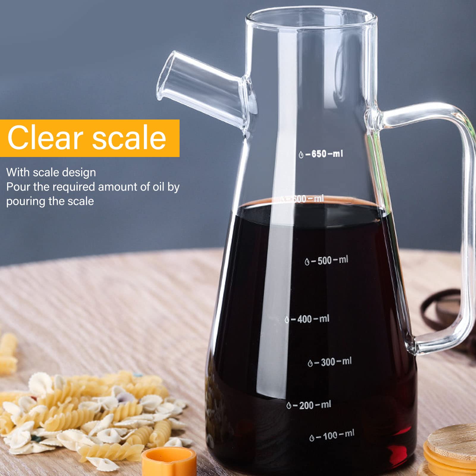 Oliera da cucina in vetro trasparente, dispenser per olio d'oliva, con coperchio in legno e manico ergonomico, dispenser per aceto (650 ml)