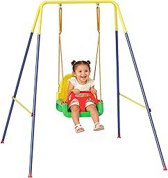 AIYAPLAY 3 in 1 Altalena da Giardino per Bambini, Altalena per Neonato da Interno e Esterno, Altezza Regolabile, Supporti in Acciaio Pieghevoli, Cintura Sicurezza, Facile Montare, 9 Mesi-8 Anni, Verde