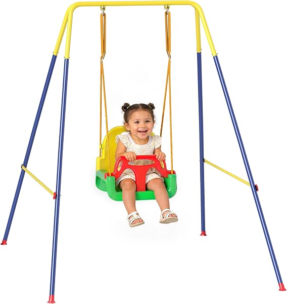 AIYAPLAY 3 in 1 Altalena da Giardino per Bambini, Altalena per Neonato da Interno e Esterno, Altezza Regolabile, Supporti in Acciaio Pieghevoli, Cintura Sicurezza, Facile Montare, 9 Mesi-8 Anni, Verde - 1