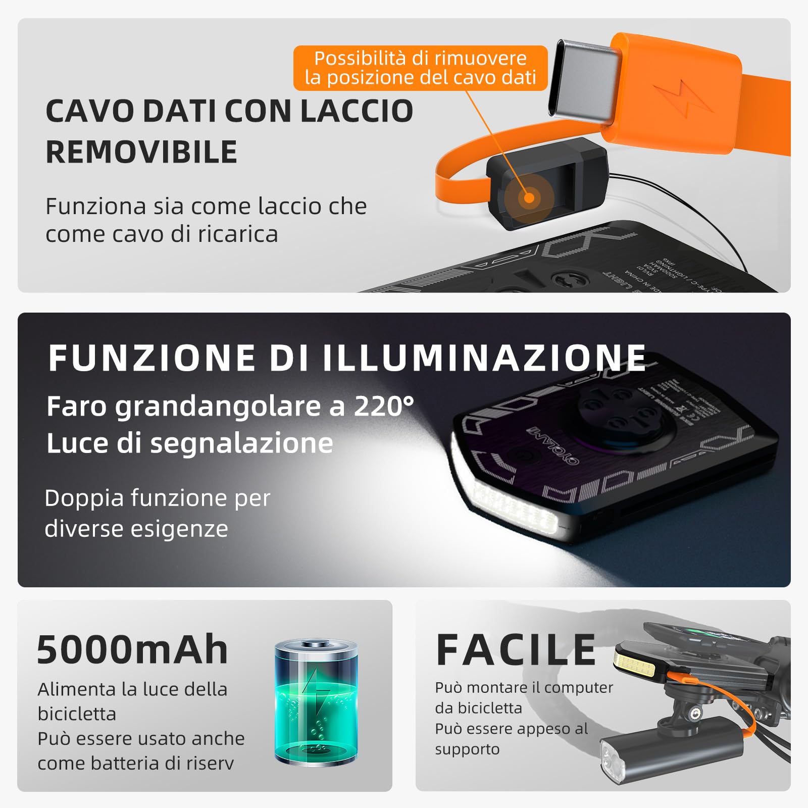 Luce Diurna per Bici 120 Lumen Luci Per Biciclette 5000mAh Autonomia 40h IPX6 Impermeabile USB-C 5 Modalità per Ciclismo Stradale MTB Notturno e Urbano