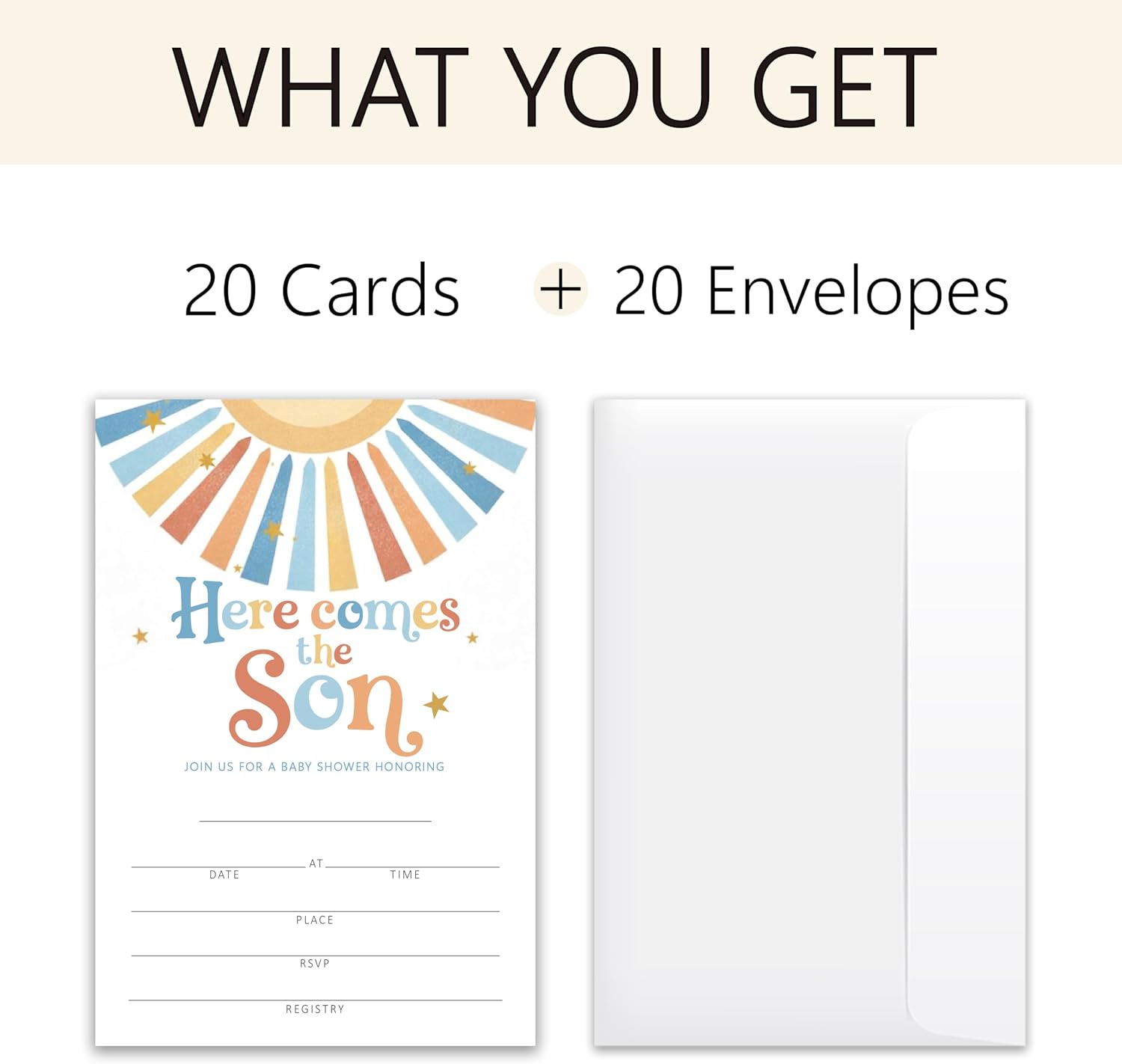 Here Comes the Son! - Cute Baby Shower Invitations - 20 Invitation Cards 4"x6" with 20 Envelopes - Baby Shower Invites.(122)