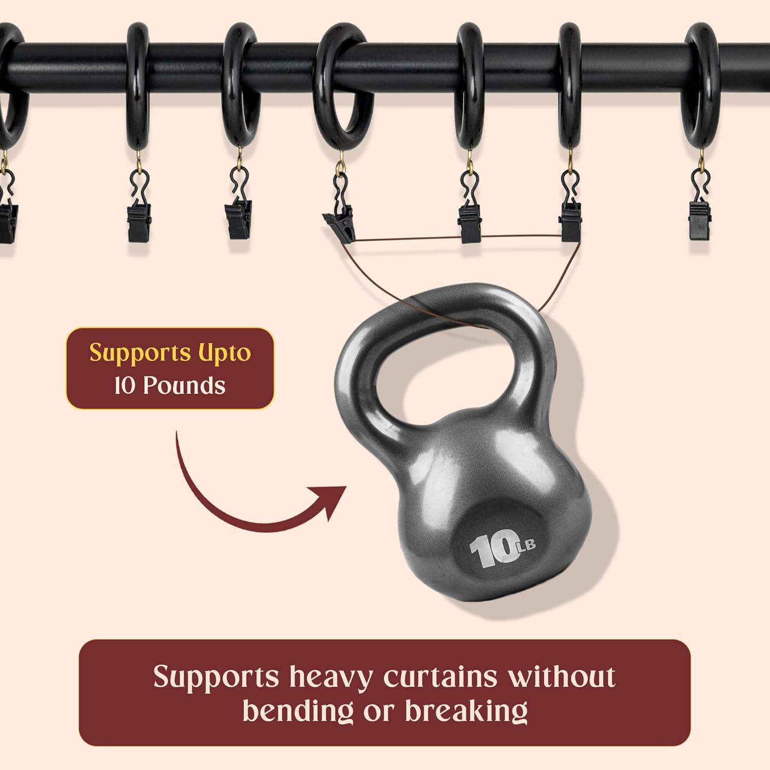 Black Curtain Clip Rings with Hooks – Polished Shower & Drapery Rings – 3 Inch Outer, 2.2 Inch Inner Diameter – Set of 48