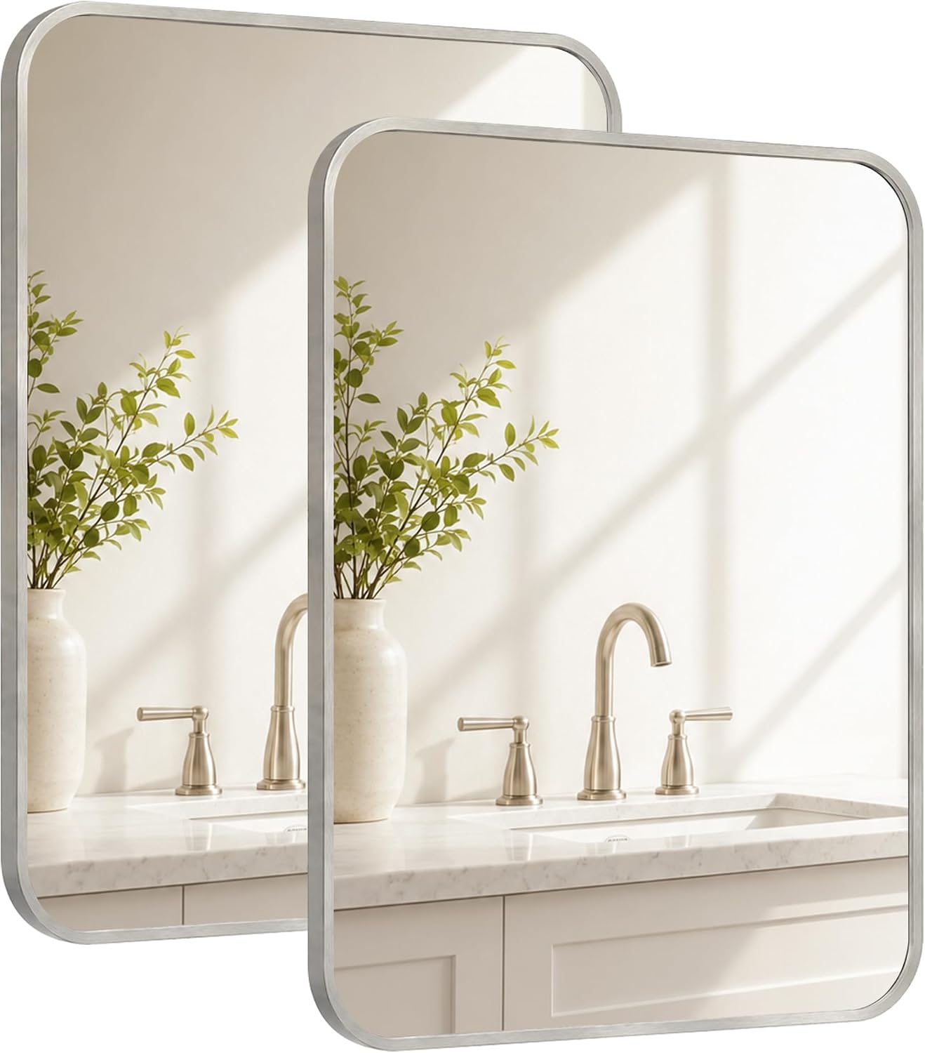 2-Pack 22x30 Inch Brushed Nickel Rounded Rectangle Vanity Mirrors