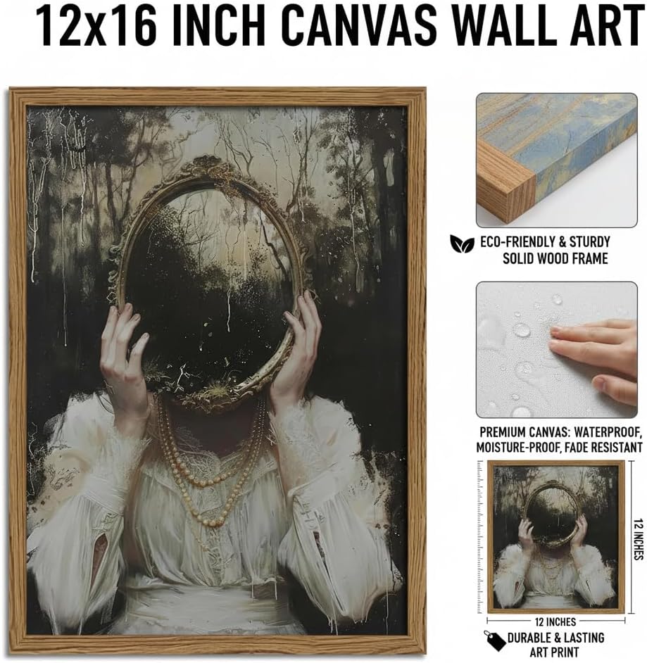 Dark Academia Gothic Victorian Wall Art, Woman Mirror Painting Canvas Artwork, Moody Witchy Aesthetic Decor for Bedroom Living Room Gothic Home Decor 12x16 Inch Framed Canvas