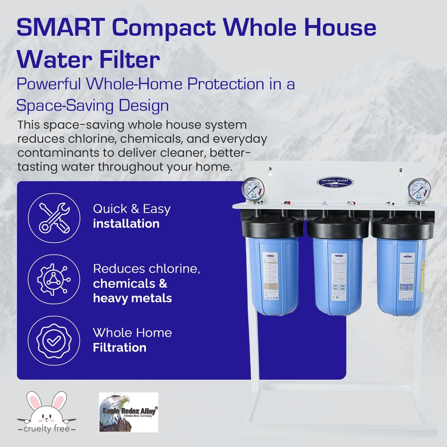 Crystal Quest Compact Whole House Water Filter, Smart Series (3-6 GPM | 1-2 People) with System Stand