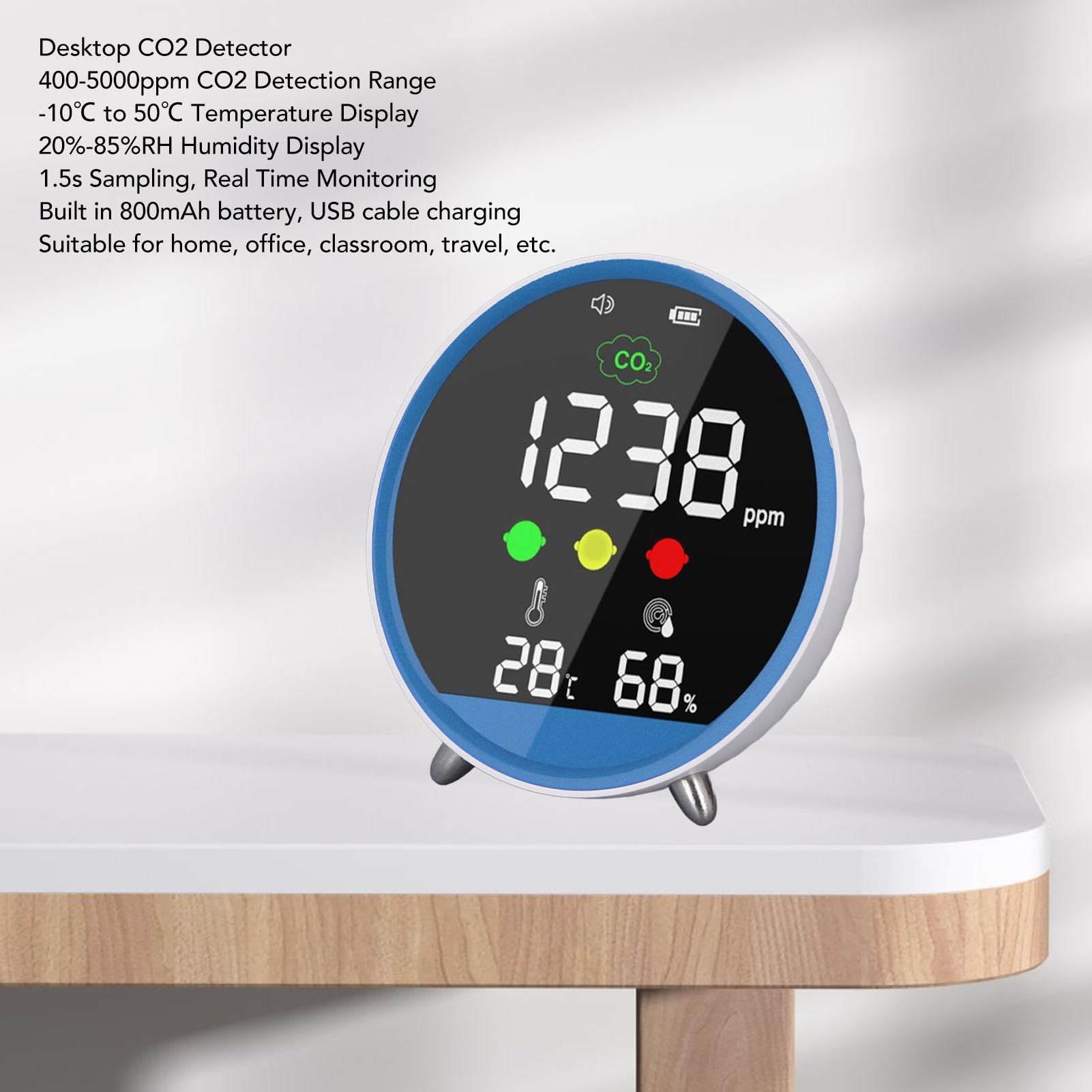 Detector de CO2, Probador de CO2 para Interiores de Alta Precisión, Pantalla de Temperatura y Humedad, Muestreo de 1,5 S, Portátil para el Hogar, Oficina, Aula, Viajes Al Aire