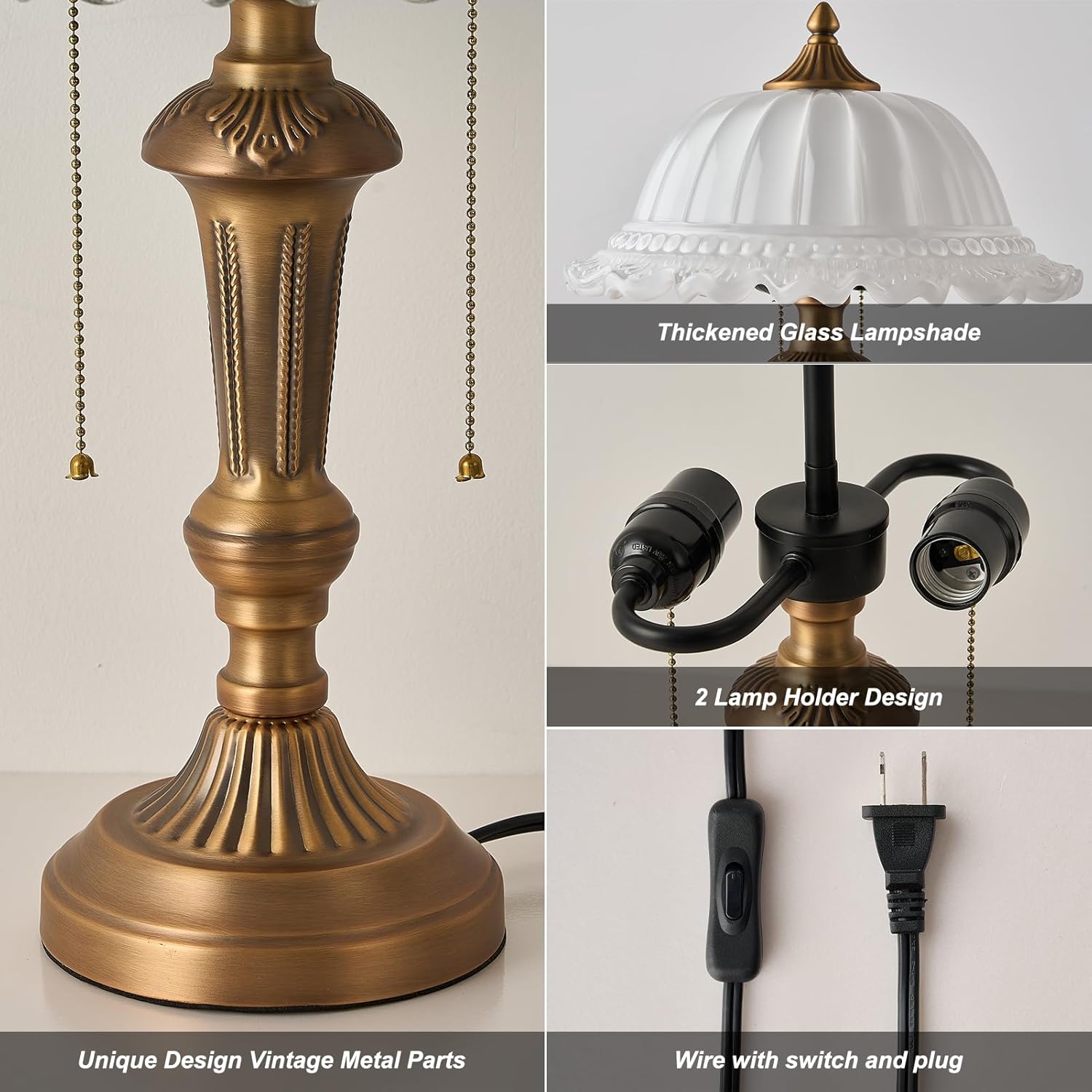 HDDFL Glass Shade Table Lamp Vintage Metal Desk Lamp 2 Lights Table Light with Plug Switch for Bedroom Living Room Home Office Brass and White