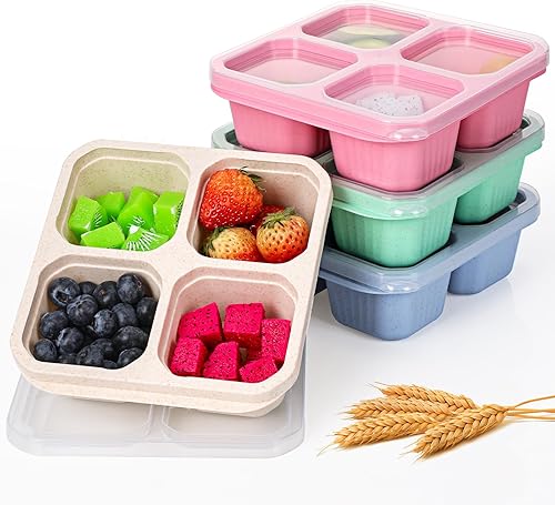Moretoes Paquete de 4 recipientes para aperitivos, cajas Bento de 4 compartimentos con tapas transparentes, recipientes de comida de paja de trigo