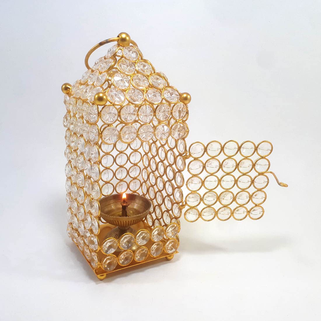 Diya/Lamp Cover With Golden Crystal (Without Lid) for Tulsi Deepam Akhand Iron 1-Cup Tealight Holder (Gold, White, Pack of 1)-image-9
