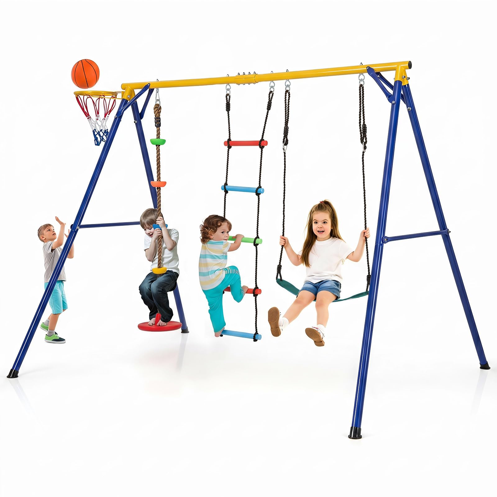 COSTWAY Set Altalena per Bambini, Set Altalena 4 in 1 (Verde) | con Canestro Basket, Altalena Regolabile, Scala e Disco con Corda, Giochi da Interno ed Esterno, Portata 300 kg