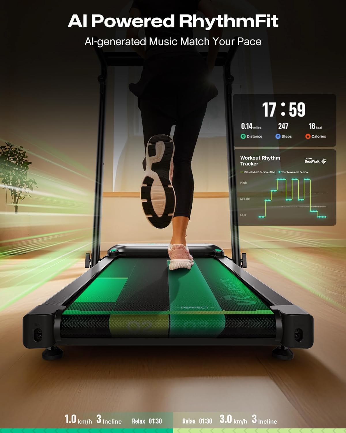 UREVO Foldimix 5L Walking Pad Treadmill displaying AI Powered RhythmFit feature with workout rhythm tracker.