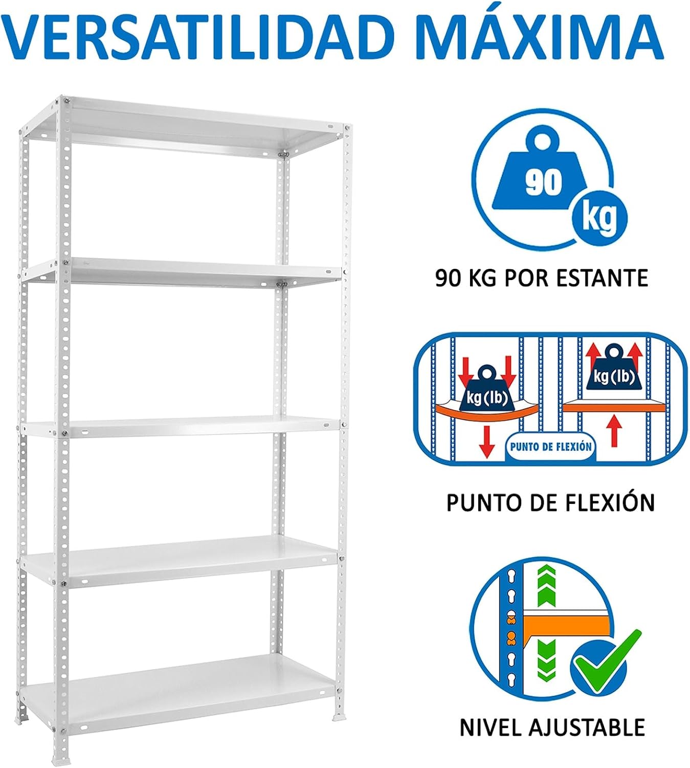 Simon Rack Metal Shelf 5 Adjustable Shelves, 90 kg Flex Point, 2000 x 1100 x 500 mm, with Screws, Storage Shelf, White - Comfort
