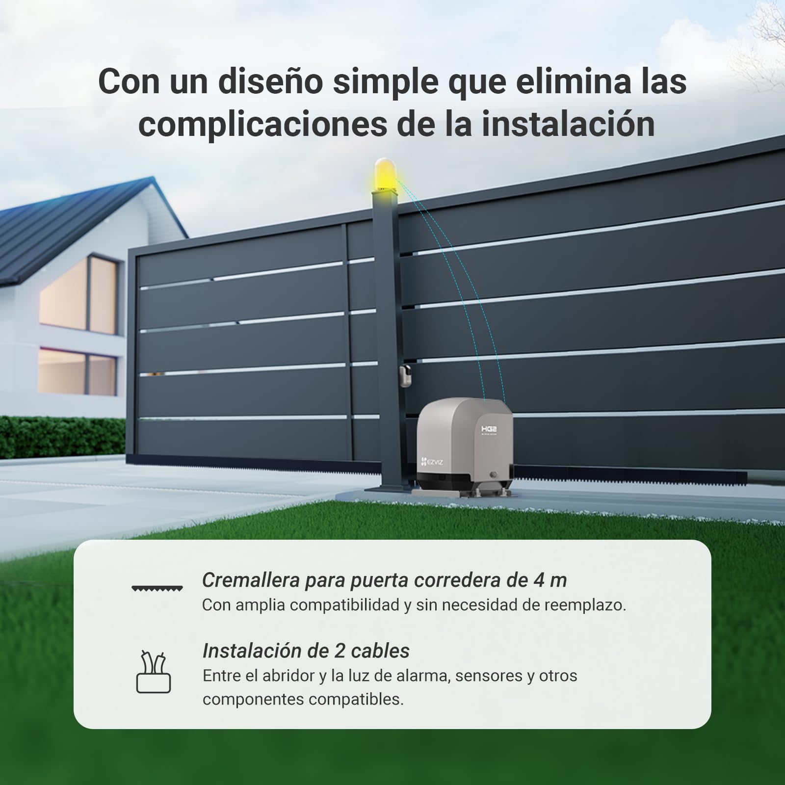 EZVIZ Motor Puertas Correderas Exterior 400 kg, con 4 Metros Cremallera de Nailon y Acero, Dos Mandos a distancia, una Luz de Alarma, Wi-Fi/Bluetooth, Instalación de dos cables, Impermeable, HG2 400