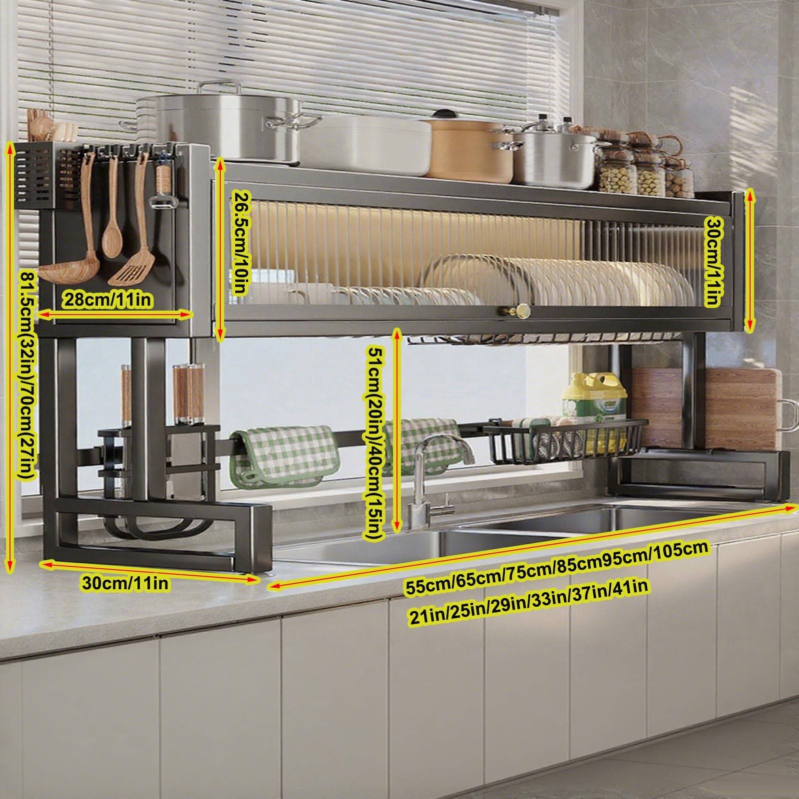 Escurreplatos Extensible sobre el Fregadero - Estante Organizador de Cocina con Soporte Plateado, Negro, 81 cm/63 cm - Diseño eficiente y Compacto para un Secado rápido y fácil Acceso