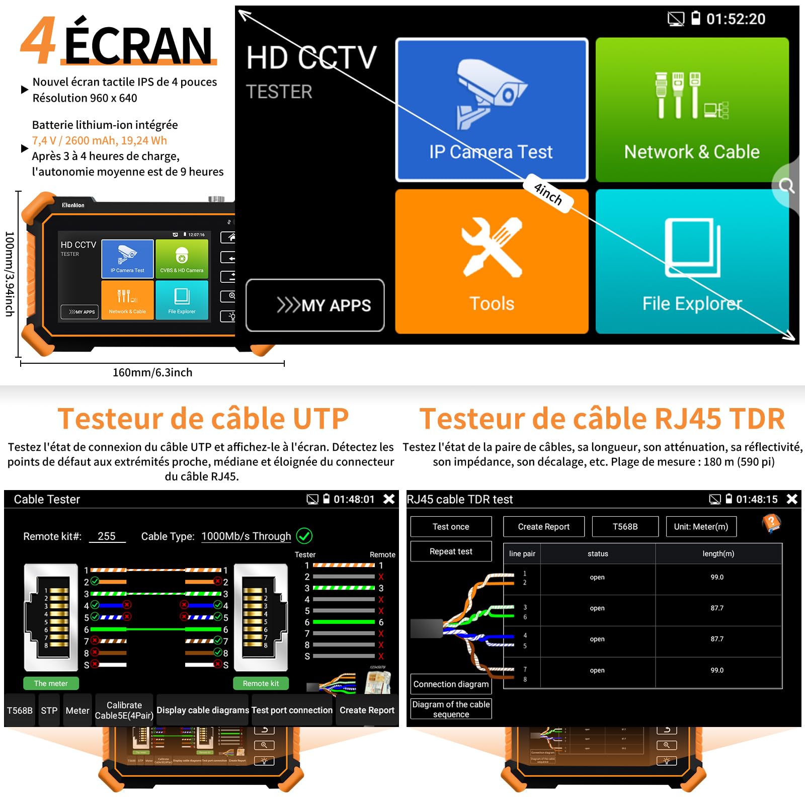 Henkion Testeur de vidéosurveillance IPC-1910C Plus, Moniteur Tactile 4 Pouces, Test Caméras IP 8K 32MP et 4K 8MP TVI CVI AHD CVBS, CCTV Tester Support POE PTZ WiFi RS485 avec Traceur de Câbles