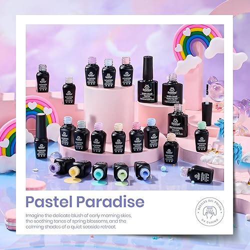 Miniatura 3 de Beetle Colección Paraíso Juego de 20 esmaltes de uñas en gel con base y acabado brillante y mate para Pascua colores pastel centellantes con
