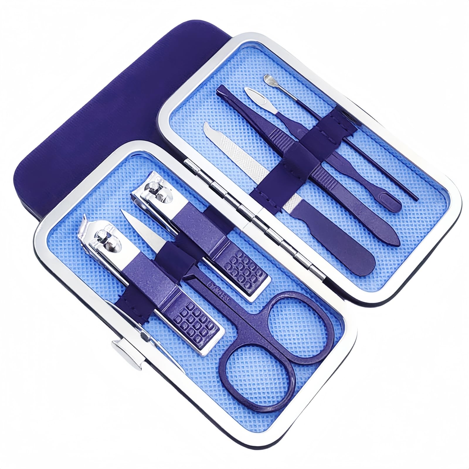 QURIPE Juego de manicura de 7 piezas, kit de cortaúñas, kit de manicura de acero inoxidable, herramientas de corte de uñas, kit portátil de aseo de viaje, el mejor regalo con estuche de lujo (azul)