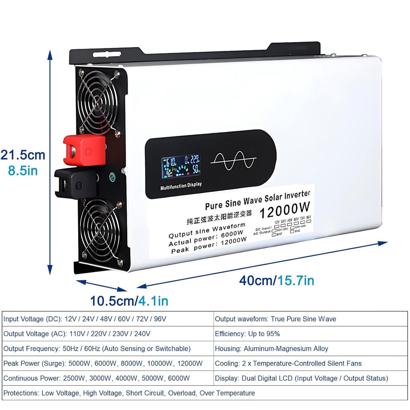 Przetwornica Napięcia Czysty Sinus 5000W-12000W 12V-96V z Chłodzeniem i Ochroną, Zastosowanie w Samochodzie, Domu i Instalacji Fotowoltaicznej(12000W,96V)