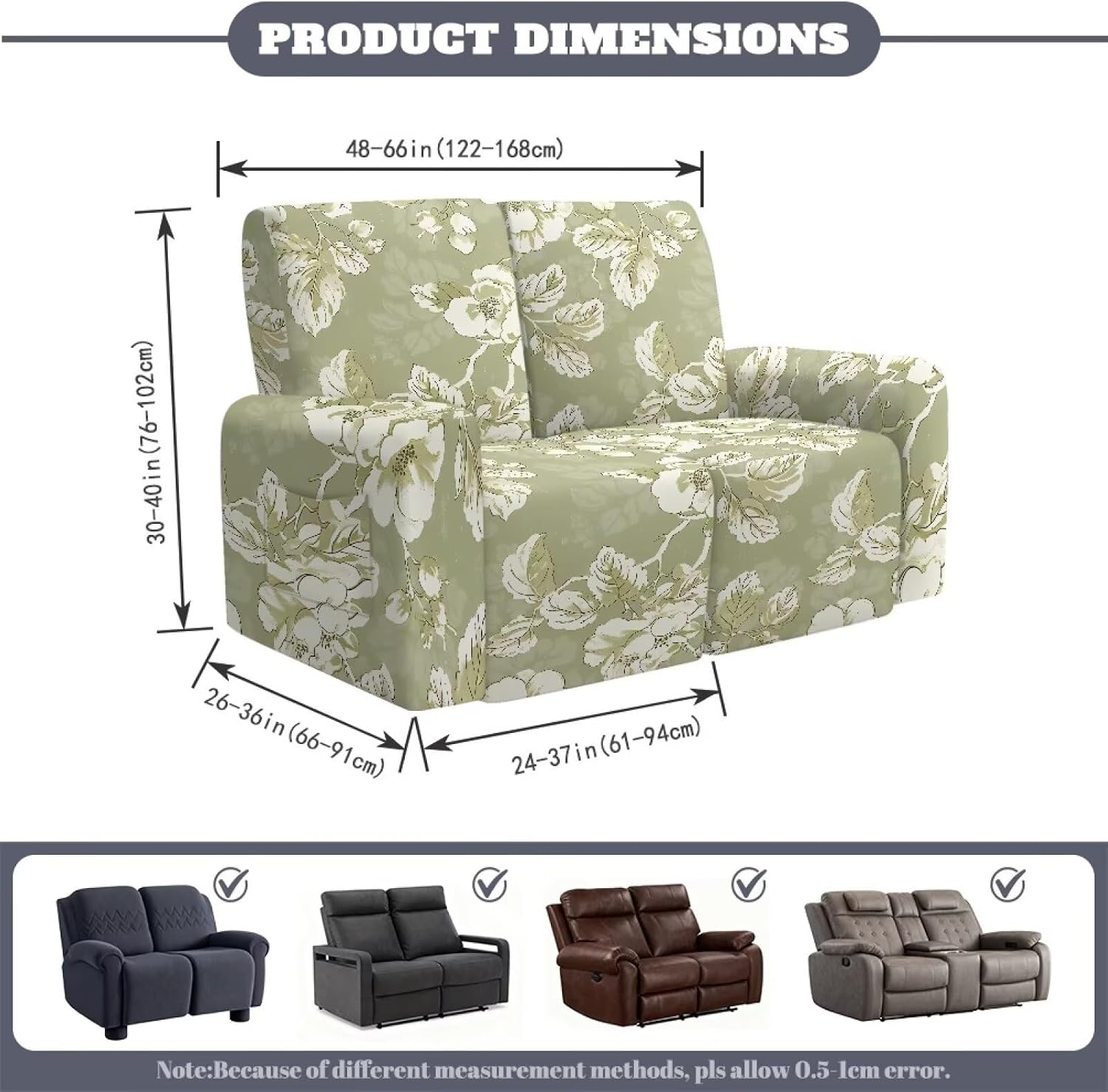 6 Piece Stretch Reclining Loveseat with Storage Pocket,2 Seater Loveseat Recliner Cover Recliner Couch Sofa Covers, Furniture Protector with Elastic Straps Bottom,Flower Branch