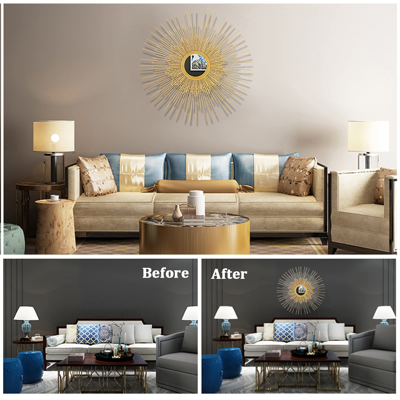 24 Zoll Dekorativer Wandbehang Spiegel in Sonnenform, Gold Runder Sunburst Wandspiegel, Metall Wand Dekor Dekorative Spiegel für Schlafzimmer Wohnzimmer