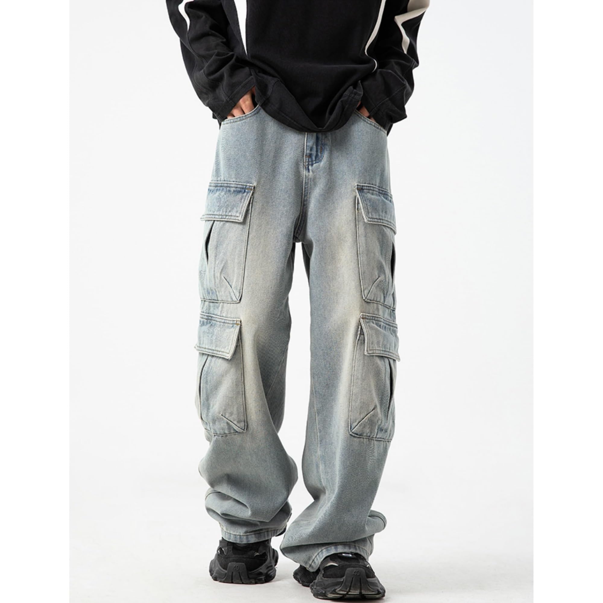 Męskie Baggy Cargo Jeansy Hip Hop Proste Nogawki Sprane Jeansy Casual Denim Spodnie Vintage Hip Hop Jeansy Młodzieżowe Spodnie Skateboardowe Streetwear