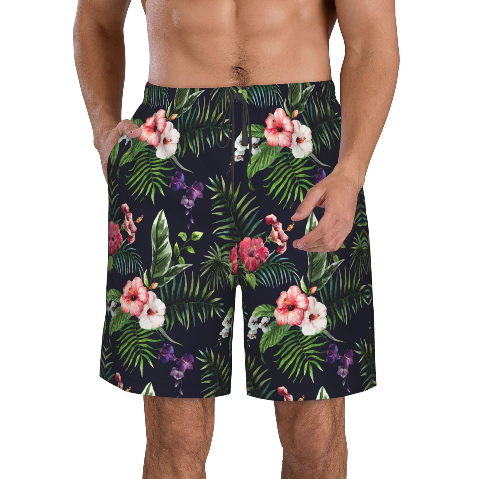 Alqppm Florals Print Men'S Beach Shorts Casual Elastic Waist Drawstring Summer Beach Shorts