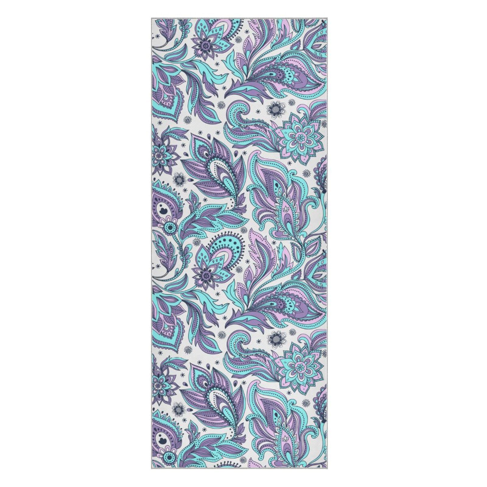 Fygkptb Seamless Purple Turquoise Paisley Flowers Floral Ornament on White Yoga Towel Non Slip Yoga Mat Cloth Foldable Yoga Towel Sweat Absorbent Yoga Towel with Storage Mesh Bag 73 x 27 inch
