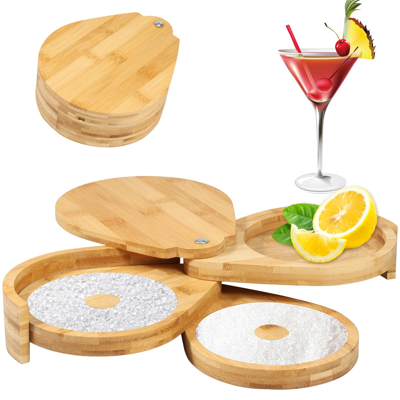 FALESOUL Margarita Salt Rimmer Set, 3 Tiered Bamboo Glass Rimmer for Glass Rims, Salt/Sugar/Lime Seasoning for Bloody Mary, Manhattan Tequila Cocktail Drink Accessories for Bar House Party