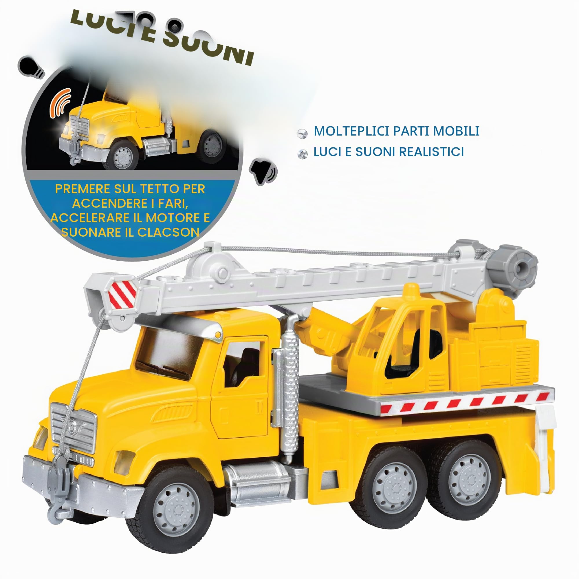 Driven by Battat - Micro autogru - Camion gru per bambini - Veicolo da costruzione giocattolo - Parti mobili - Luci e suoni - 3 anni +