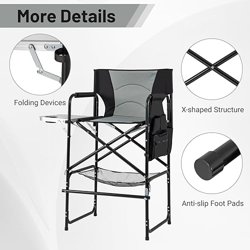 Miniatura 7 de COSTWAY Silla de directores de 46 pulgadas de alto, silla plegable para artista de maquillaje con mesa auxiliar plegable y reposapiés, soporte para