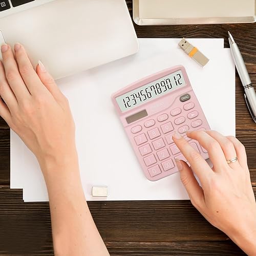 Miniatura 5 de Calculadora rosa de 2 piezas, calculadora de energía dual con batería solar, calculadora de escritorio de 12 dígitos con pantalla LCD grande, 2
