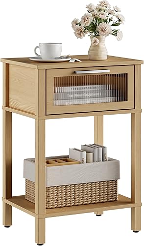 Mesita de noche de madera con cajón, mesita de noche de madera natural, estilo moderno, mesa auxiliar pequeña con estante de almacenamiento para