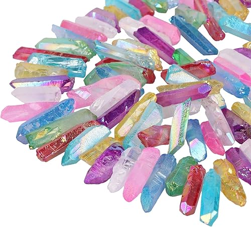 Miniatura 3 de TUMBEELLUWA Puntos de cristal de roca con revestimiento de titanio, cuentas sueltas perforadas en la parte superior de la piedra de cuarzo de