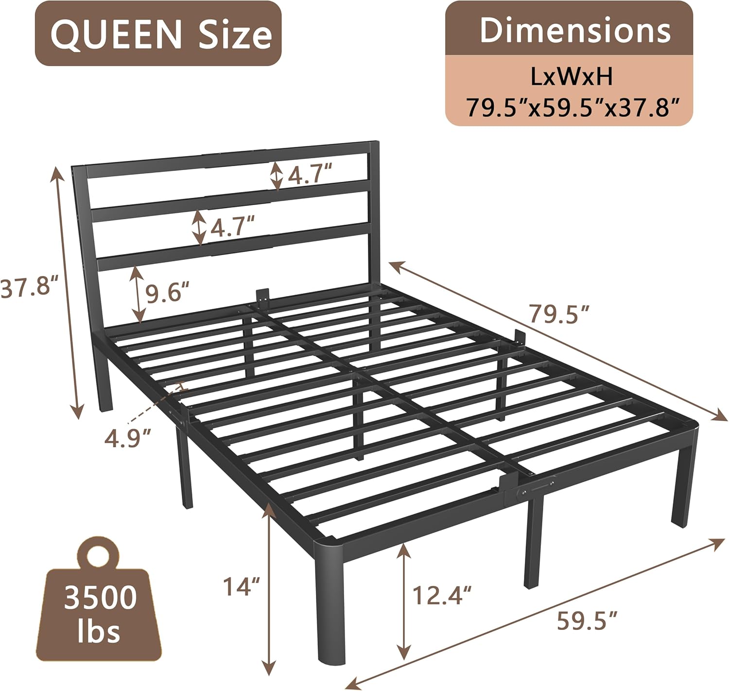14 Inch Queen Bed Frame with Headboard, Black Metal Queen Size Bed Frame, No Box Spring Need, Anti-Slip Gaskets, Noise-Free, Heavy Duty Steel Platform Support, Easy Assembly