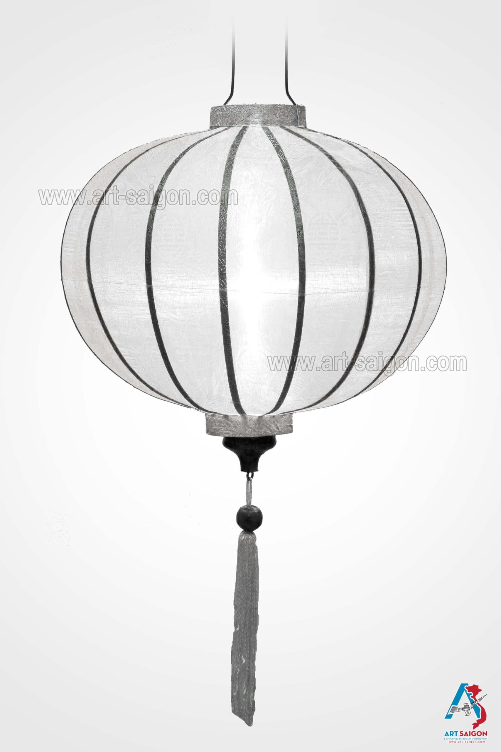 Linterna Asiática de Seda Blanco R - Diámetro Ø47cm - Farolillo Hoi An en Tela, Bambú y Madera - Artesanía Vietnamita y Decoración Asiática (Ref. R40-B)