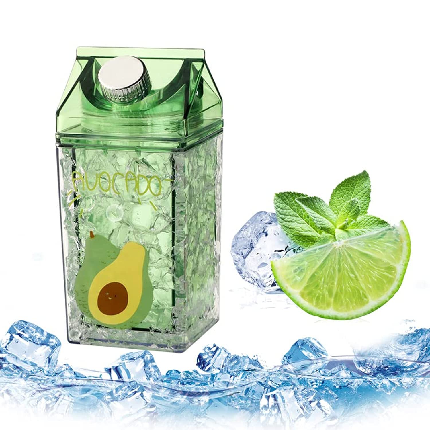 Double-Layer Thickened Refrigerator Cold Storage Cup With Straw - Gel Quicksand Crushed Ice Cup, Creative Milk Carton for Summer Student Drinking Outdoor Water (Avocado Green)