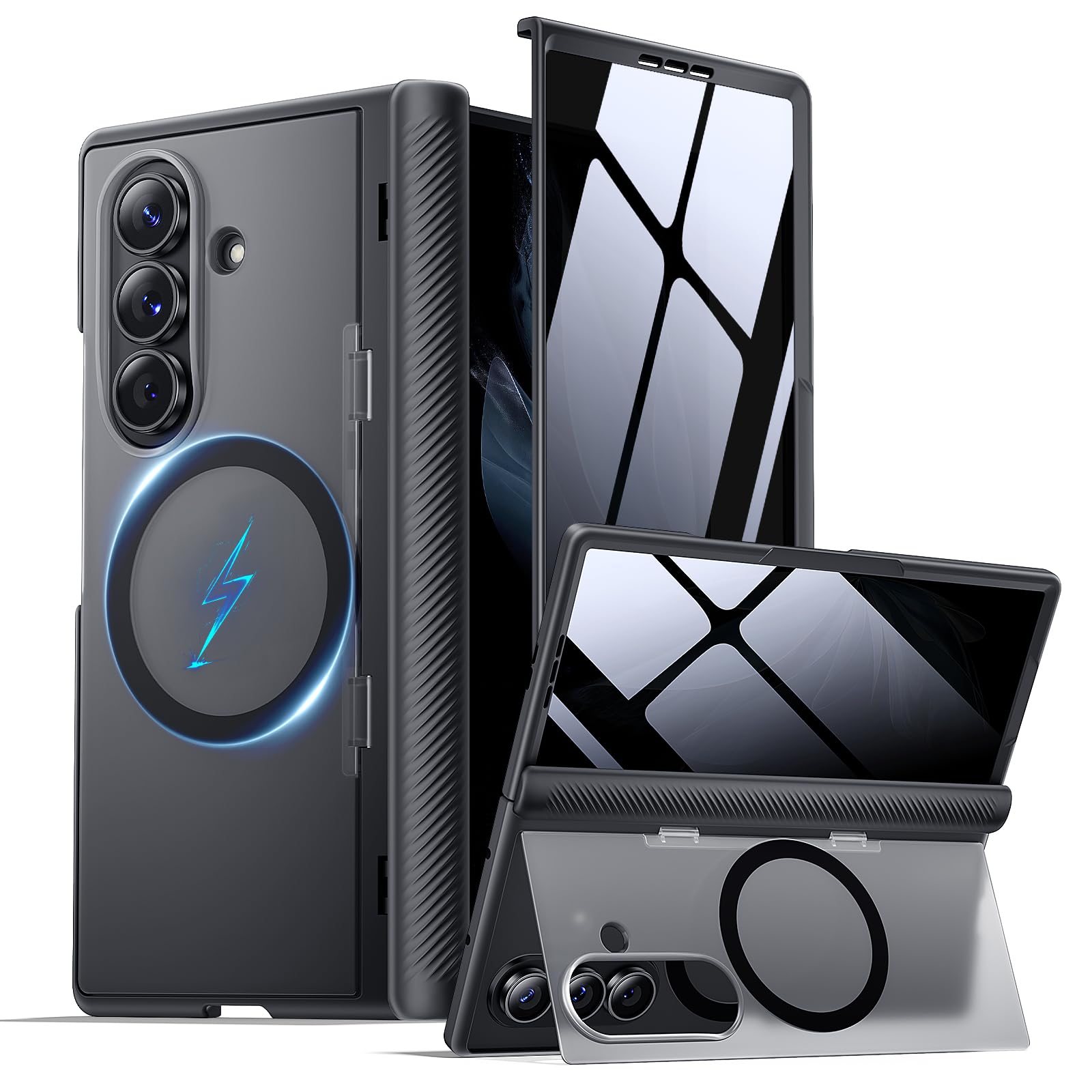Schutzhülle für Samsung Galaxy Z Fold 7, mit Sichtschutz, vollständiger Scharnierschutz, eingebauter verstellbarer Ständer, passend für MagSafe, rutschfest, strukturiert, militärische Schutzfolie