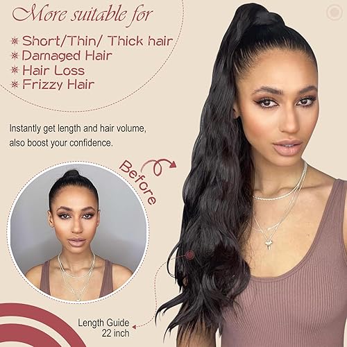 Miniatura 6 de Felendy Extensión de cola de caballo larga de 18 pulgadas y 22 pulgadas con cordón, extensiones de cabello ondulado envolvente, cola de caballo,