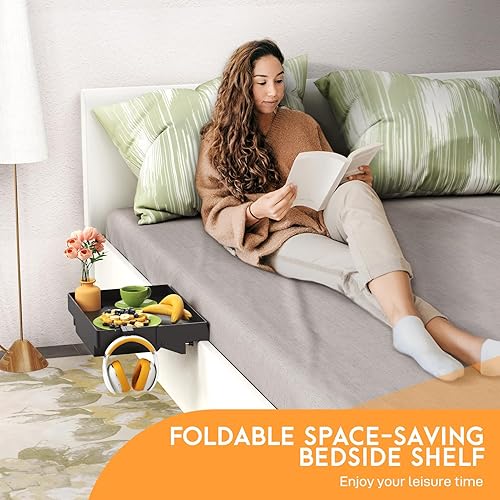 Miniatura 6 de SPACELEAD Estante de noche para cama  Mesita de noche con clip para dormitorio universitario con soporte para tazas, soporte para cable y cajón,