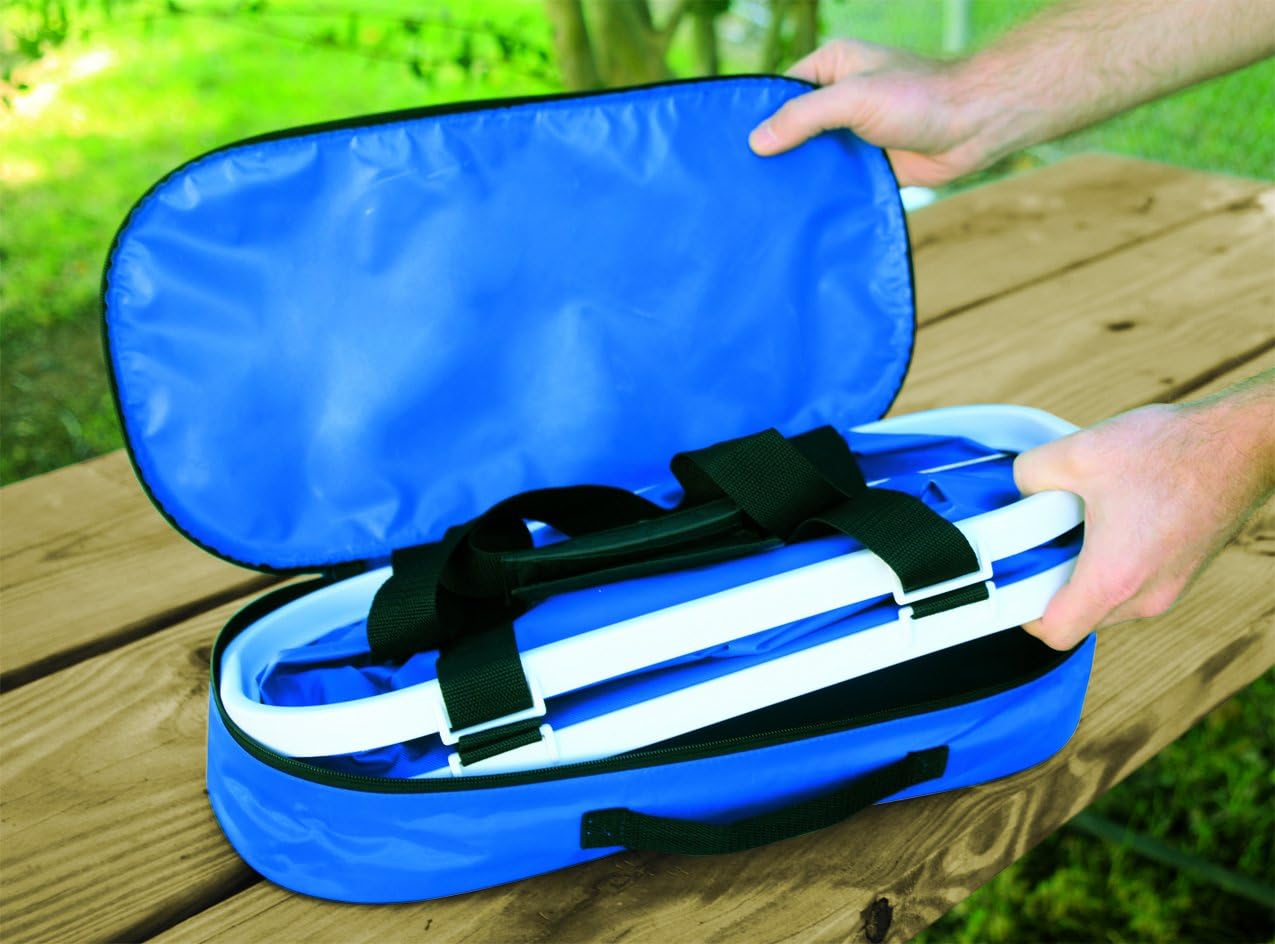 Camco Rectangular Collapsible Wash Bucket with Zippered Storage Case - Ideal For Large Wash Brushes, Perfect For Car, Truck, Boat and RV Washing, Easy Storage After Each Use -Holds 5 Gallons (42973), Blue and White,One Size