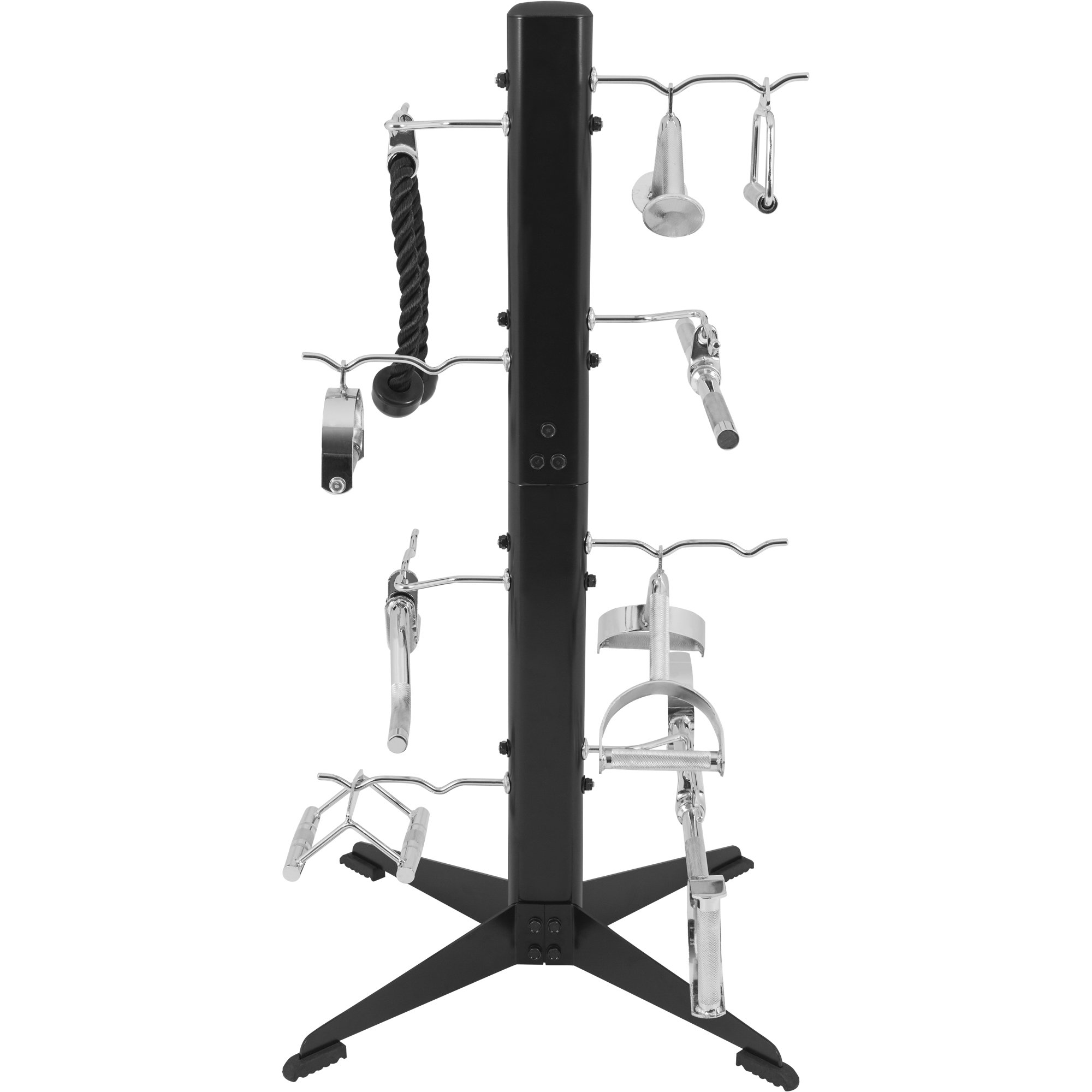 GORILLA SPORTS® Griffständer mit/ohne Latzuggriffe, 8 Ablagen, bis 100 kg | 65 x 59 x 124 cm, für bis zu 16 Zughilfen, mit gummierten Füßen; Schwarz, Bizeps-Trizeps-Stange, Kabelzuggriff, Rudergriff