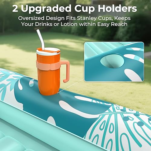 Miniatura 5 de Flotador inflable de bronceado para piscina con lona de protección, flotadores de piscina de 85 x 57 pulgadas para adultos con almohada, flotador de