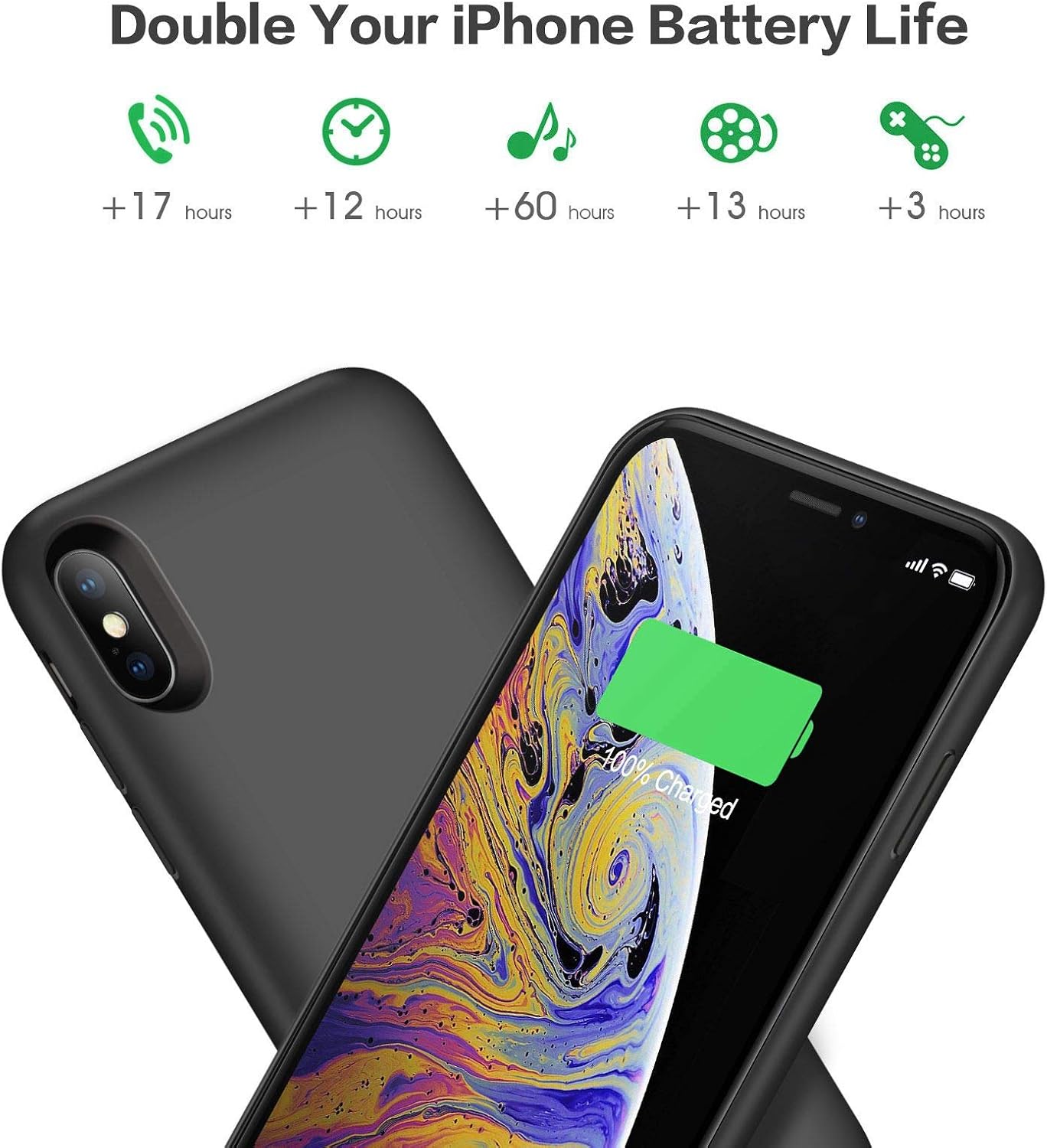 Battery Case for iPhone X/XS 6500mAh,Yacikos Portable Protective Charger Case Rechargeable Extended Battery Pack Charging Case for iPhone X/XS/10 (5.8 inch) Backup Cover Power Bank - Deep grey