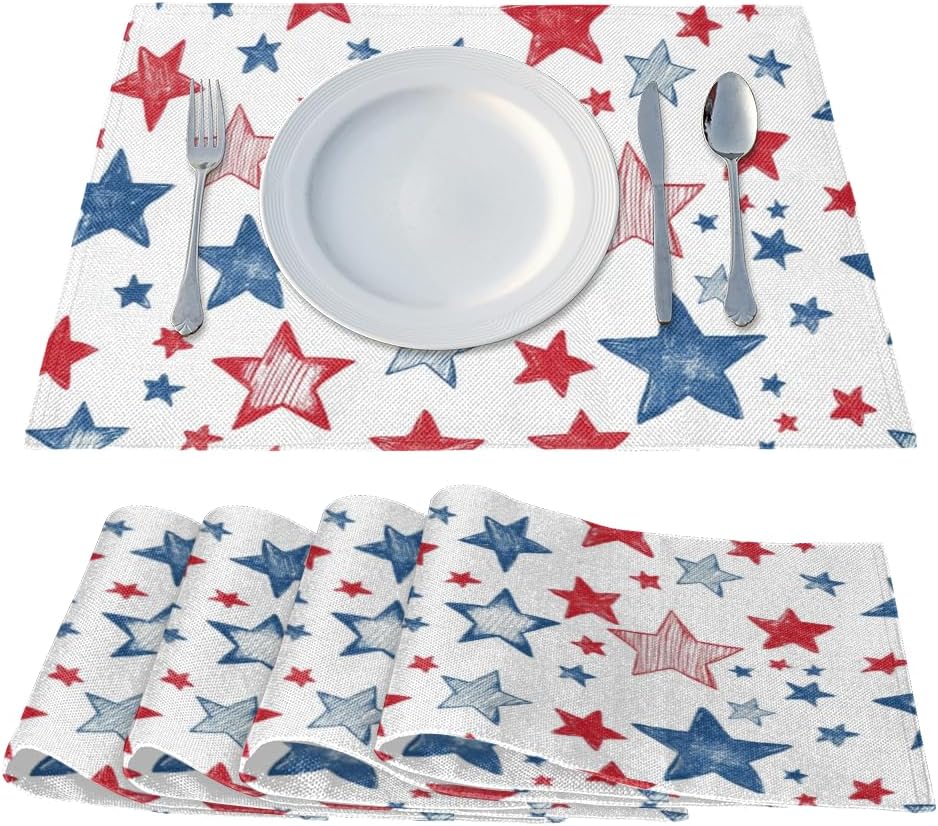 Linen Placemats Set of 6, Table Mats 12 x 18 Inch Heat Resistant Place Mats Non-Slip Wipeable Placemats for Dining Kitchen Dining Table Party Decor (4th of July)