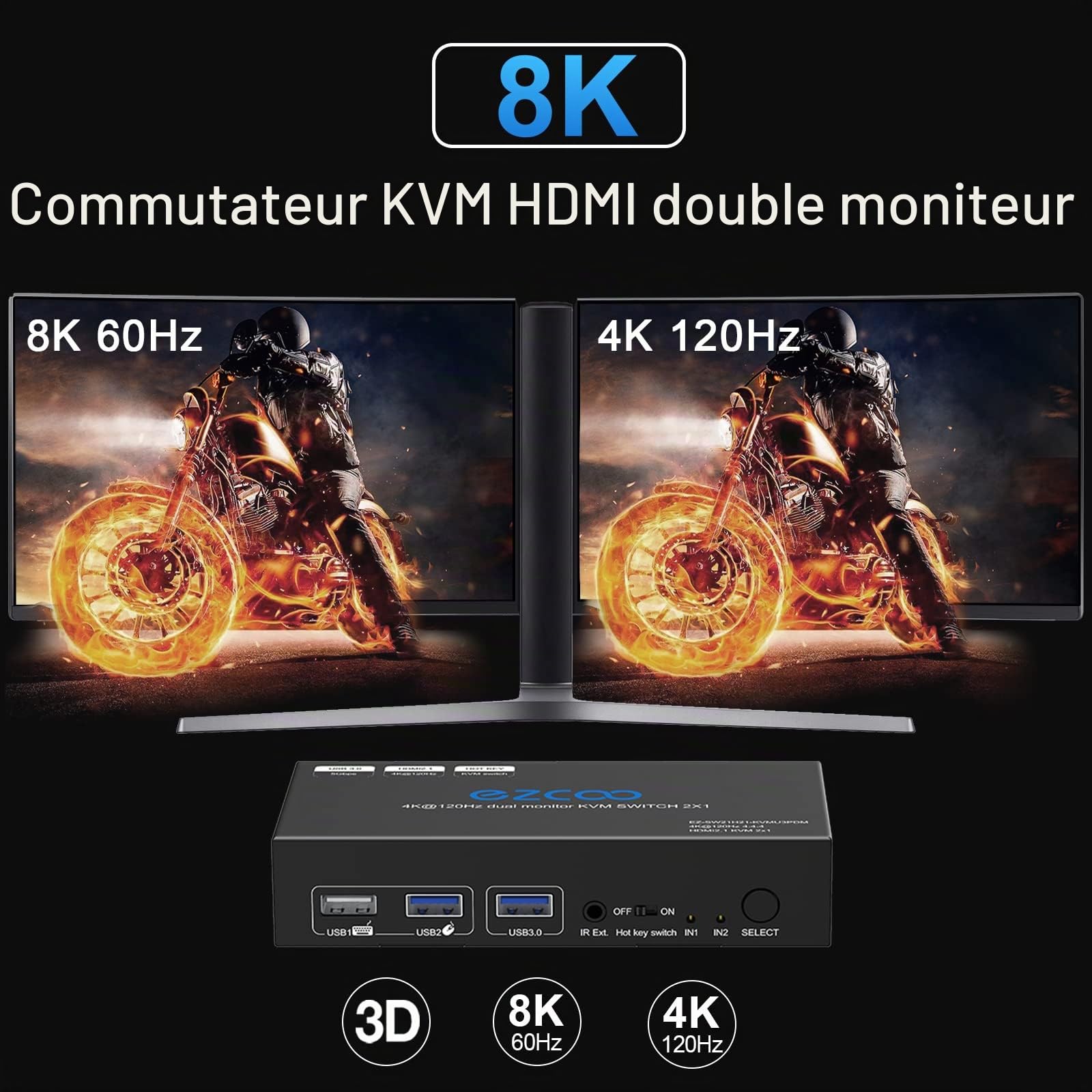 Commutateur KVM 8K 60Hz 4K 120Hz HDMI 2.1 Double moniteur USB 3.0 2 ports avec Hotkey 48Gbps HDCP2.3 2x HDMI Extended Display Partager 2 PC avec un clavier Mous HDR D-olby Vision VRR IR Télécommande