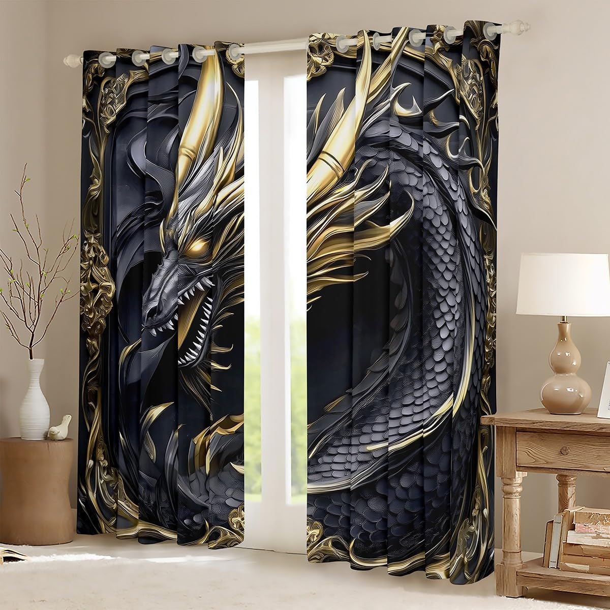 Erosebridal Grey Gloden Dragon Comfoter Set 42" Wx84 L, 2 Panels for Kids Girls Fairy Dragon Darkening Drapes Ancient Wild Animal Window Treatments Mysterious Magic Lightweight Blackout Shades