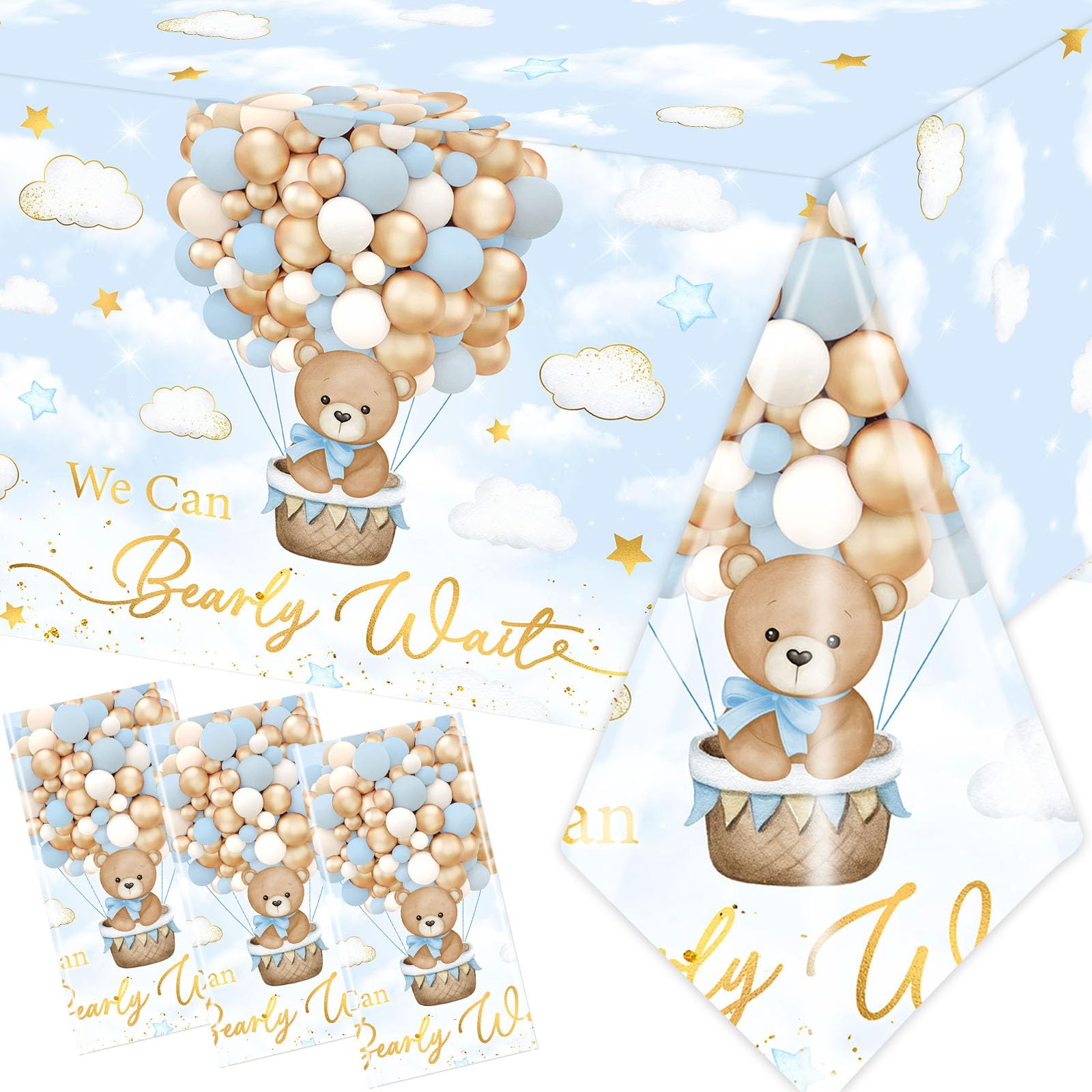 We Can Bearly Wait Baby Shower Decorations - 3Pcs Blue Teddy Bear Table Cover, Gender Reveal Tablecloths for Kids Birthday Party Supplies, 108x180cm