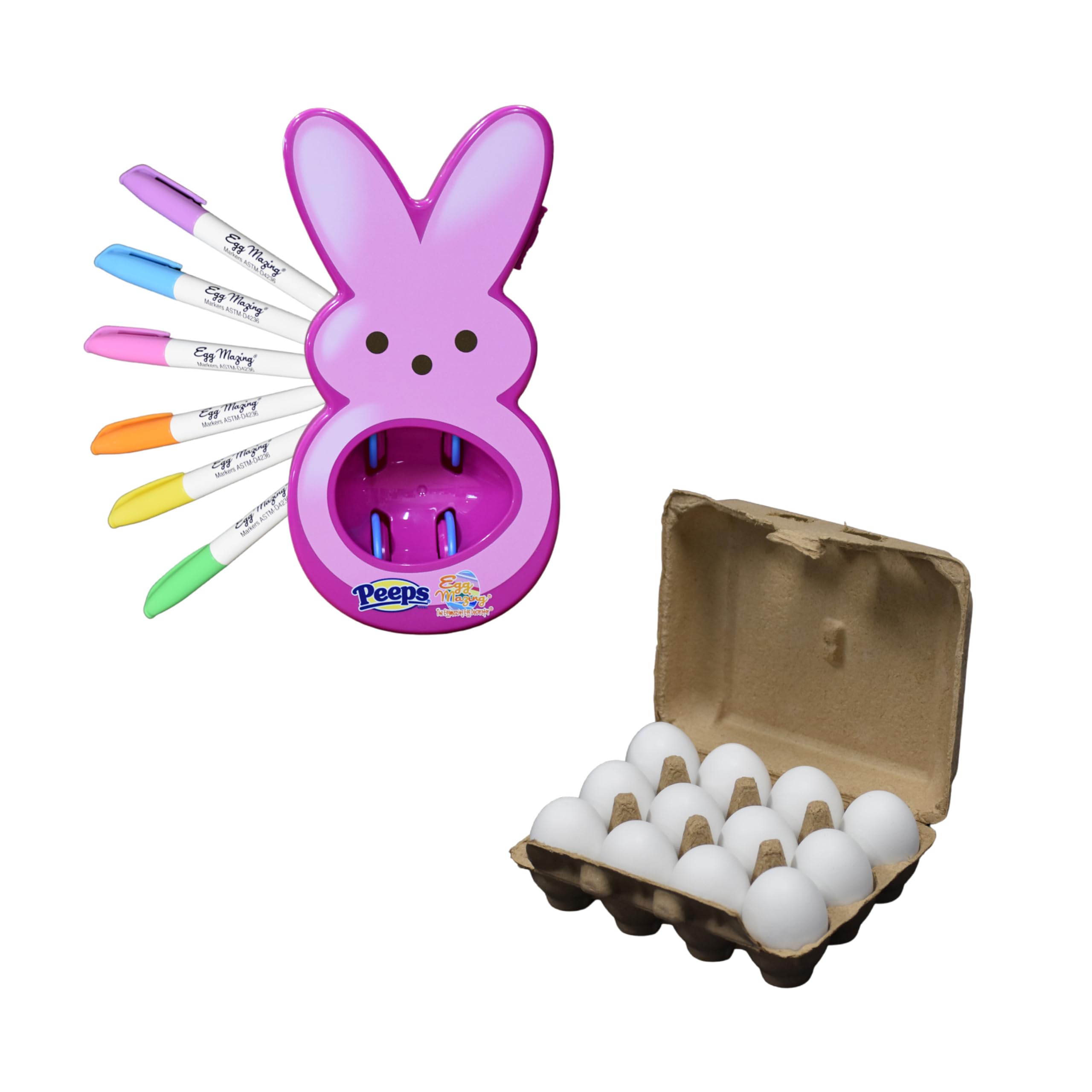 The Eggmazing Easter Egg Decorator - Peeps Bunny - Arts and Craft Set Includes 6 Colorful Markers (Pink) + White Wooden Eggs - Fake Eggs for Easter Egg Decorating (12 Pack - 1 Dozen)