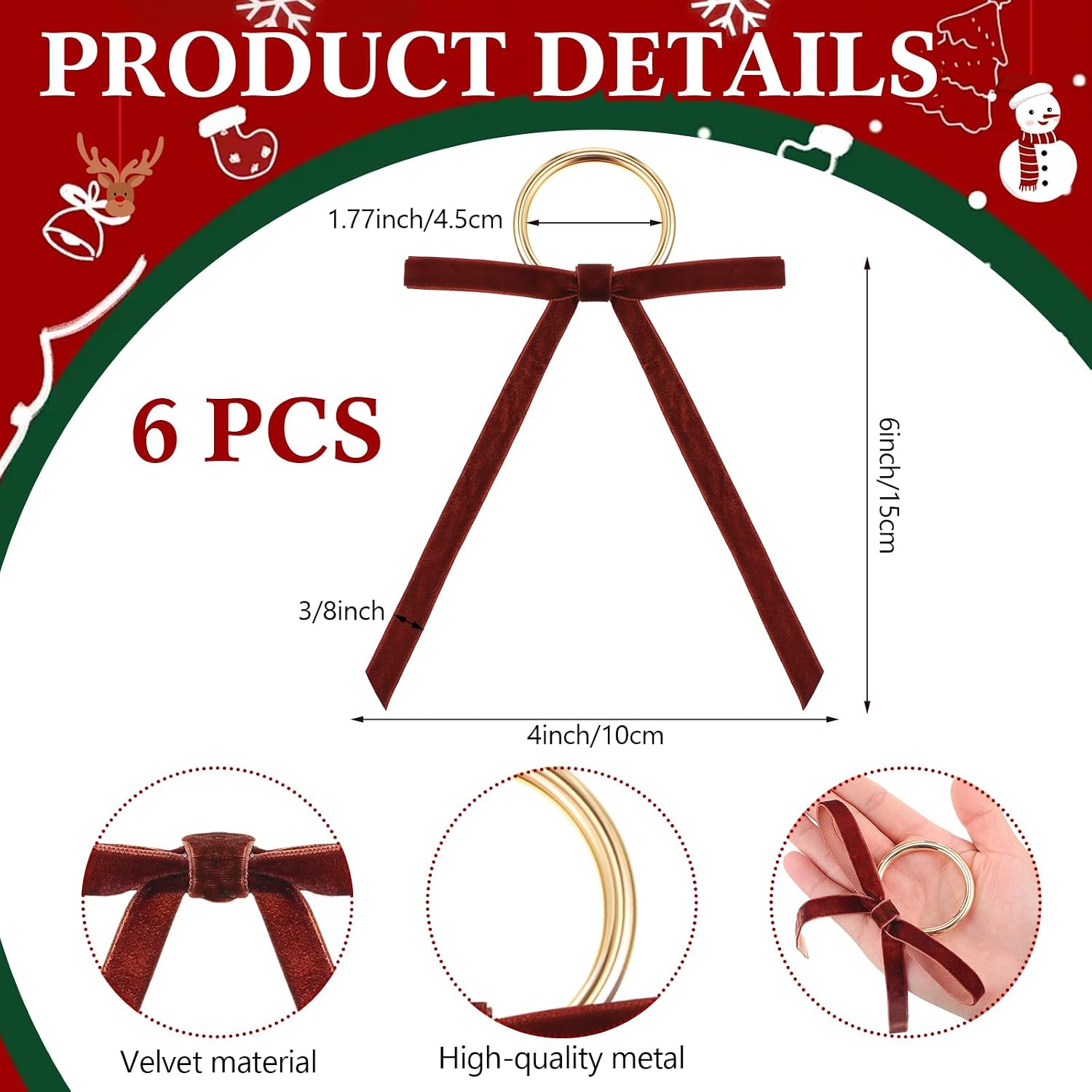 Riceshoot 6 Pcs Velvet Bow Napkin Rings, Christmas Napkin Rings,Brown